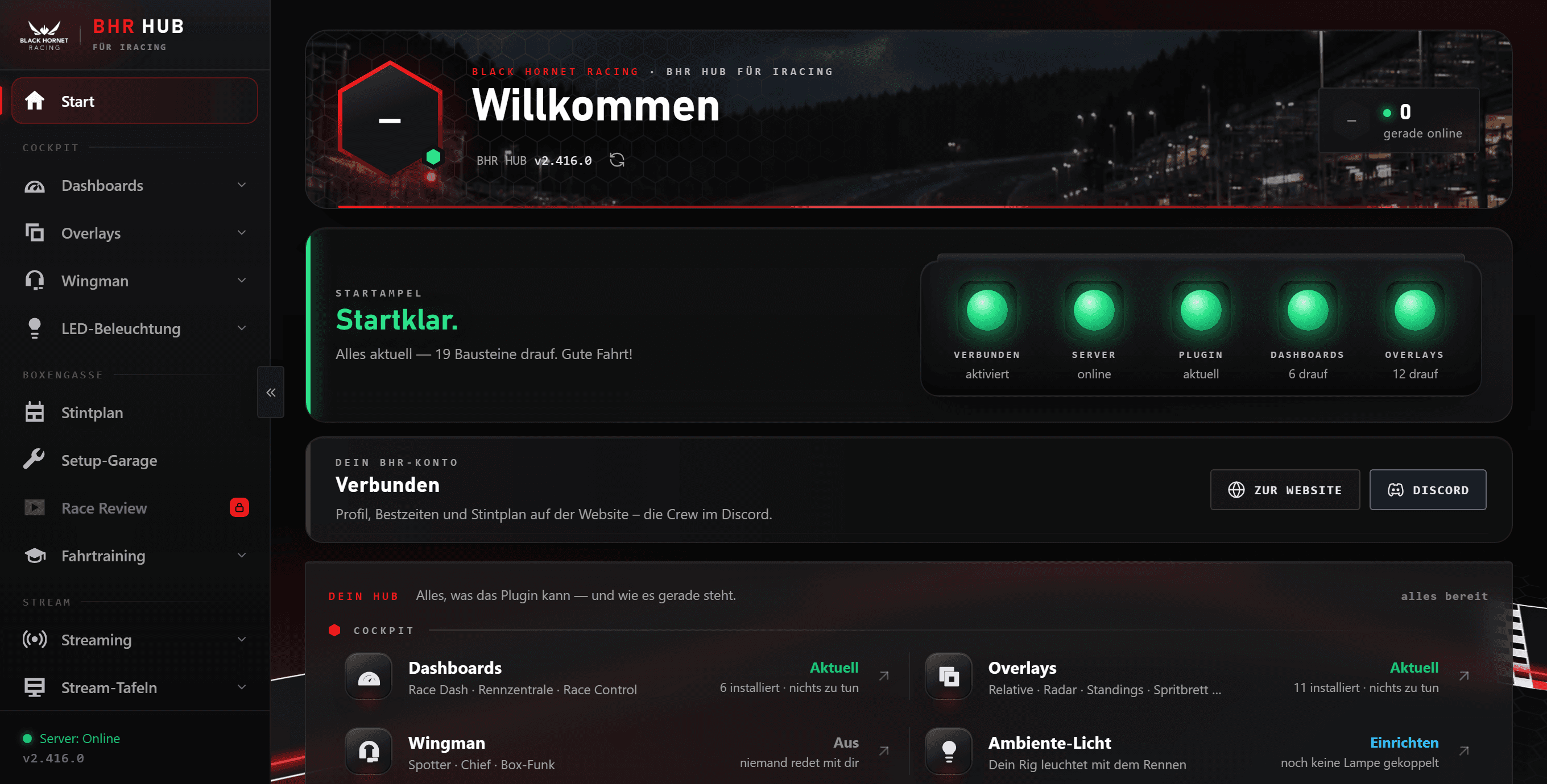 Die Startseite des BHR HUB in SimHub: Startampel, Dein BHR-Konto und alle Bereiche